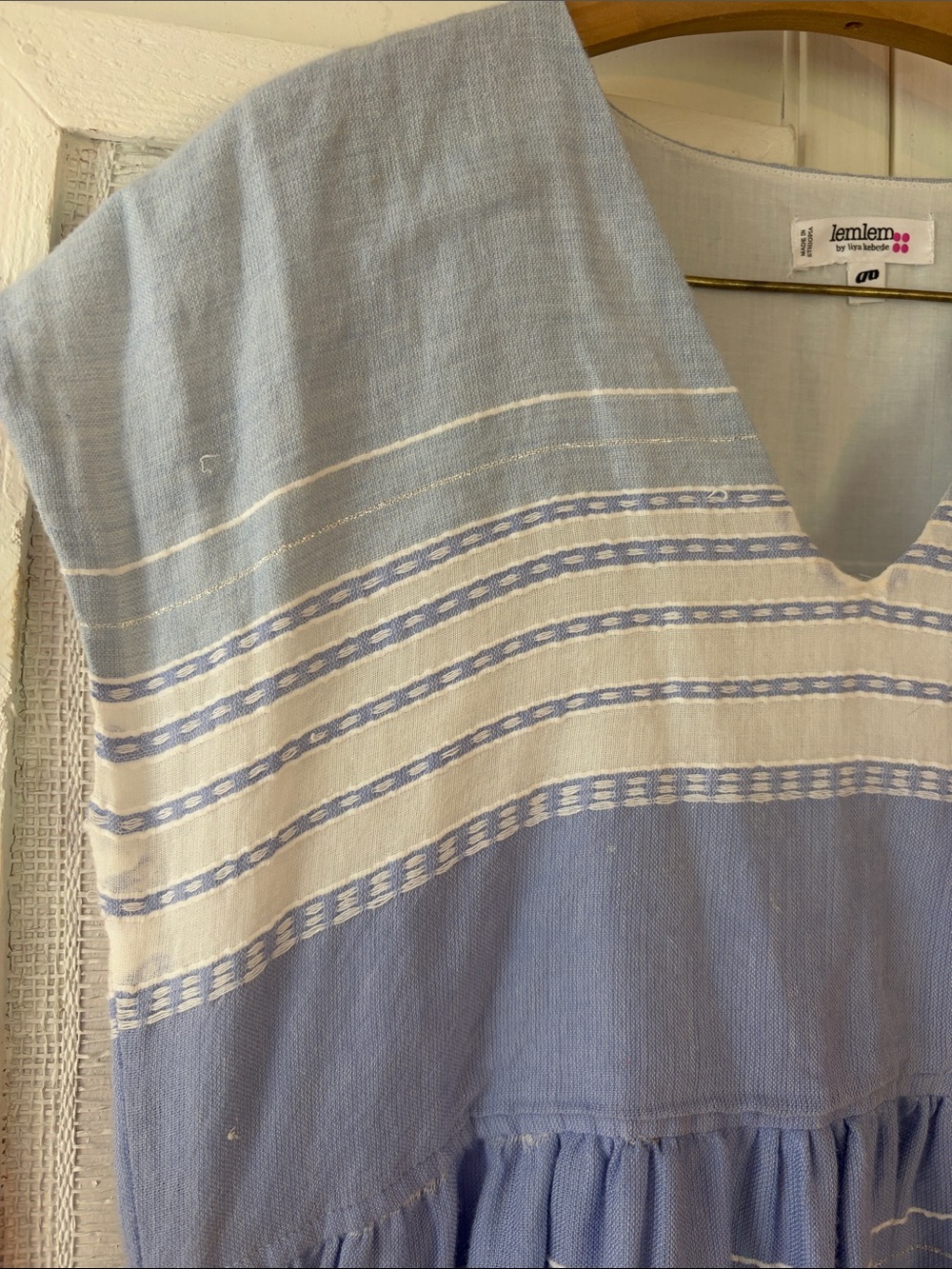 Lemlem Eshal Mini Dress Tiered Striped Blue White Raw Hem medium - small defect - Picture 5 of 11